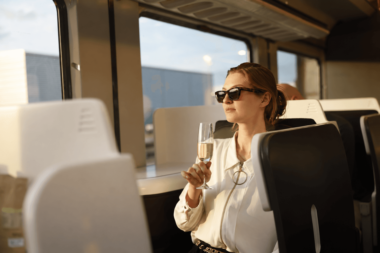 Nox night train in the evening: Guest sits in Nox Suite